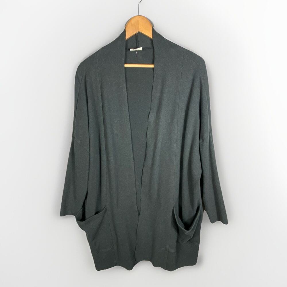 Pact Organic Cotton Cardigan Womens M/L Grey Mid Length Raw Hem Opening Cozycore